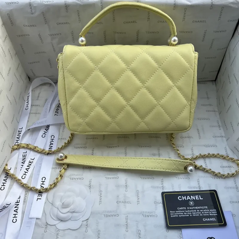 Chanel Women Mini Flap Bag with Top Handle Shiny Lambskin Imitation Pearls-Yellow