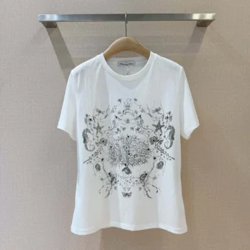 Dior Men T-Shirt White Cotton and Linen Jersey with Black Dior Cabinet de Curiosités Motif