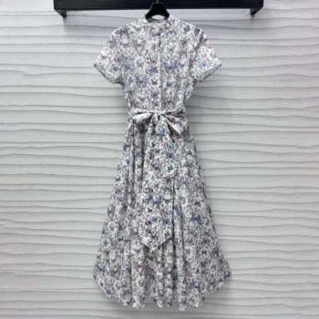 Dior Women Mid-Length Dress with Tied Belt White Cotton Muslin 521D07A3A48