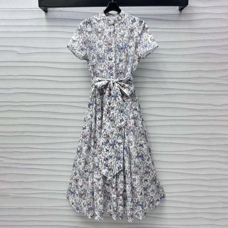 Dior Women Mid-Length Dress with Tied Belt White Cotton Muslin 521D07A3A48