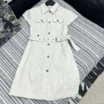 Dior Women Short Belted Shirtdress Ecru Cotton Denim with Dior Oblique Interior
