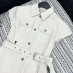 Dior Women Short Belted Shirtdress Ecru Cotton Denim with Dior Oblique Interior
