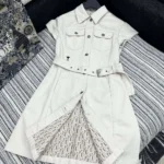 Dior Women Short Belted Shirtdress Ecru Cotton Denim with Dior Oblique Interior