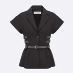 Dior Damen Kurzärmlige Jacke mit Gürtel Schwarze Schurwolle und Seide Grain de Poudre