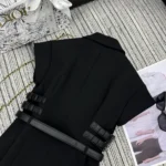 Dior Damen Kurzärmlige Jacke mit Gürtel Schwarze Schurwolle und Seide Grain de Poudre