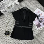 Dior Damen Kurzärmlige Jacke mit Gürtel Schwarze Schurwolle und Seide Grain de Poudre