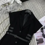 Dior Damen Kurzärmlige Jacke mit Gürtel Schwarze Schurwolle und Seide Grain de Poudre