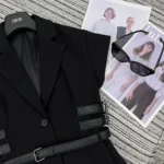 Dior Damen Kurzärmlige Jacke mit Gürtel Schwarze Schurwolle und Seide Grain de Poudre