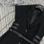 Dior Damen Kurzärmlige Jacke mit Gürtel Schwarze Schurwolle und Seide Grain de Poudre