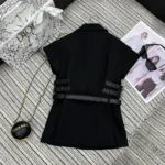 Dior Damen Kurzärmlige Jacke mit Gürtel Schwarze Schurwolle und Seide Grain de Poudre