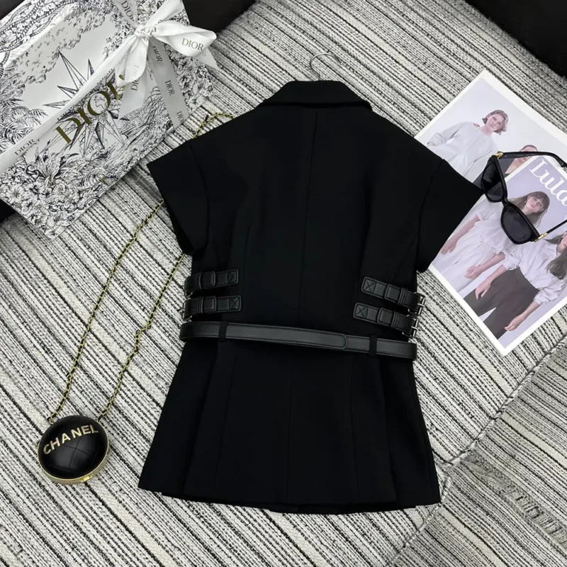 Dior Women Short-Sleeved Belted Jacket Black Virgin Wool and Silk Grain de Poudre