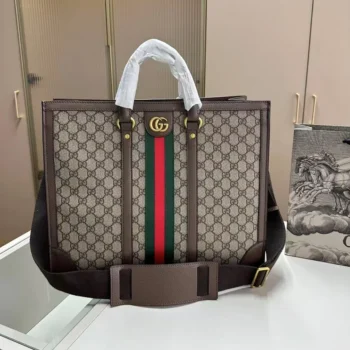 Gucci GG Unisex GG Supreme Monogram Textured Dollar Calfskin Web Large Ophidia Tote Bag