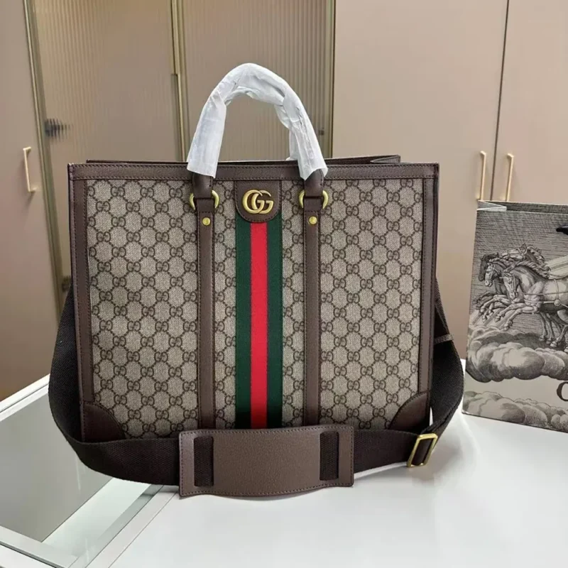 Gucci GG Unisex GG Supreme Monogram Textured Dollar Calfskin Web Large Ophidia Tote Bag