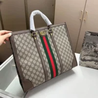 Gucci GG Unisex GG Supreme Monogram Textured Dollar Calfskin Web Large Ophidia Tote Bag (1)