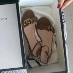 Gucci Women Leather Sandal with Double G-Brown