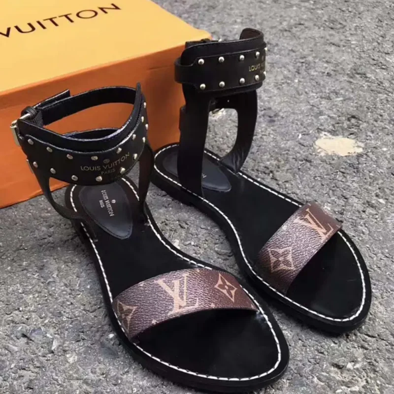 Louis Vuitton LV Women Black Leather and Monogram Canvas Gladiator Sandals