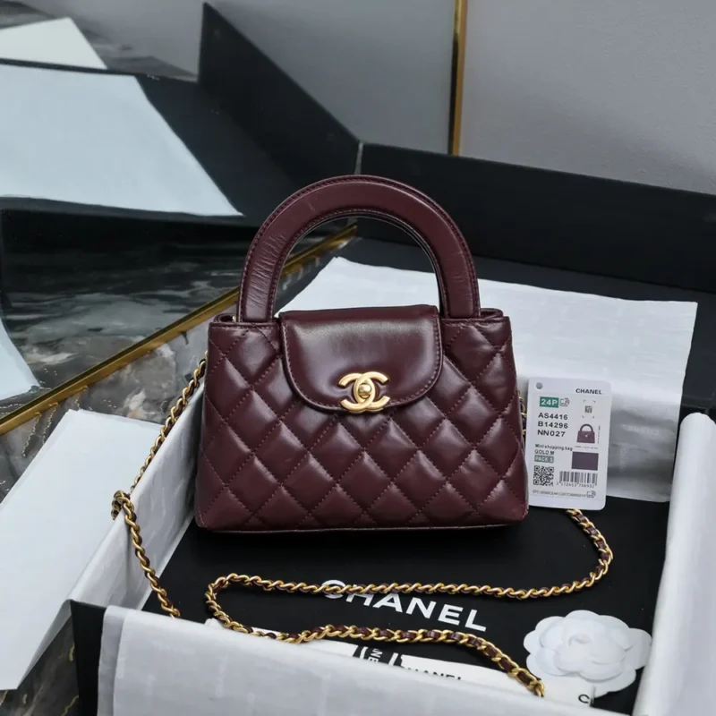 Chanel Women CC Mini Kelly Shopping Bag Shiny Aged Calfskin-Maroon