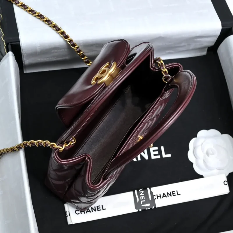 Chanel Women CC Mini Kelly Shopping Bag Shiny Aged Calfskin-Maroon