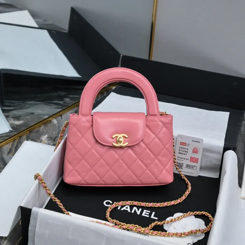 Chanel Women CC Mini Kelly Shopping Bag Shiny Aged Calfskin-Pink