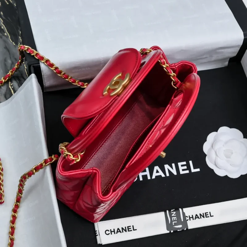 Chanel Women CC Mini Kelly Shopping Bag Shiny Aged Calfskin-Red