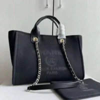 Chanel Women Deanville Shopping Bag Mummy Bag in Canvas and Leather-Black (1)
