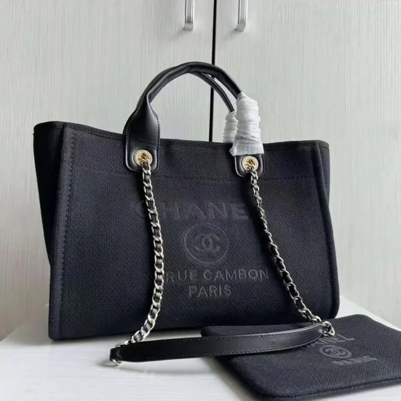 Chanel Women Deanville Shopping Bag Mummy Bag in Canvas and Leather-Black