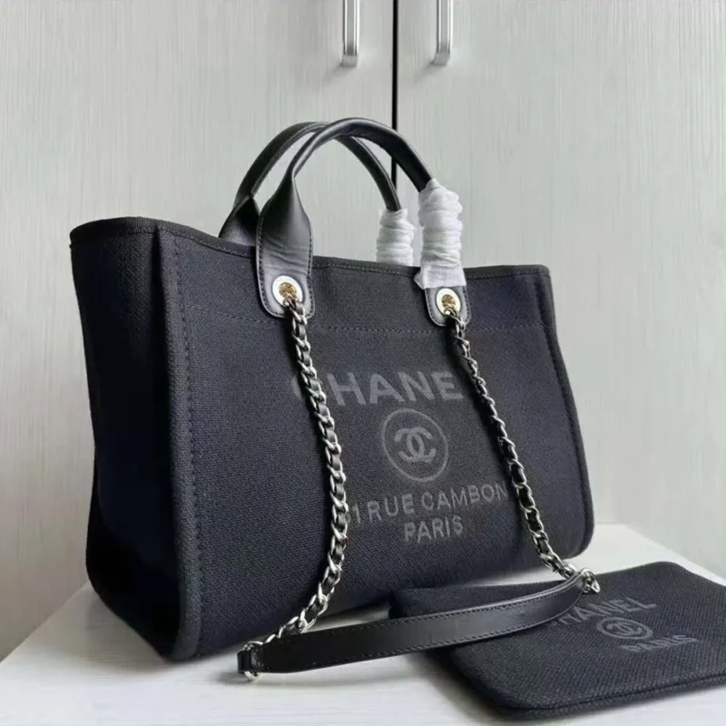 Chanel Women Deanville Shopping Bag Mummy Bag in Canvas and Leather-Black