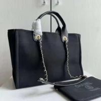 Chanel Women Deanville Shopping Bag Mummy Bag in Canvas and Leather-Black (1)