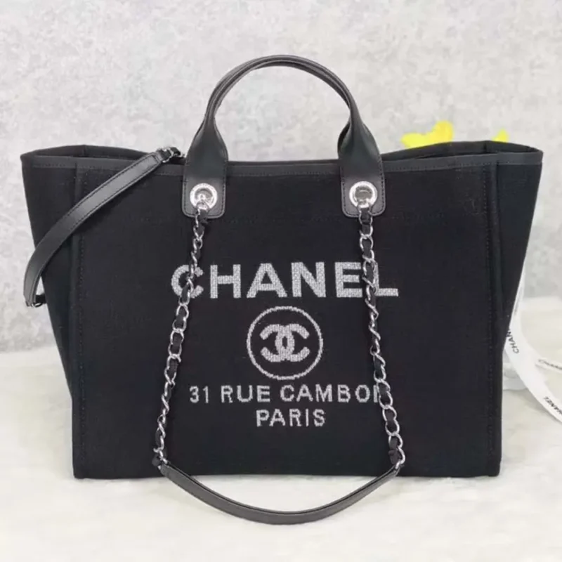 Chanel Women Deanville Shopping Bag Mummy Bag in Canvas and Leather-Black/White