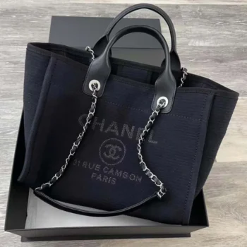 Chanel Women Deanville Shopping Bag Mummy Bag in Canvas and Leather-Navy