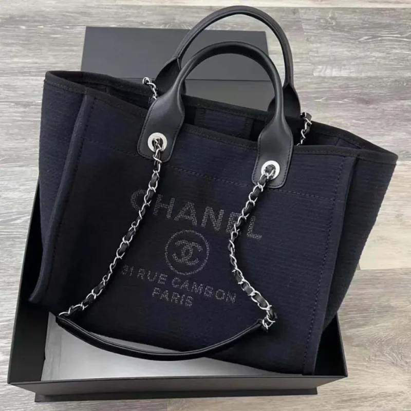 Chanel Women Deanville Shopping Bag Mummy Bag in Canvas and Leather-Navy