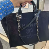 Chanel Women Deanville Shopping Bag Mummy Bag in Canvas and Leather-Navy (1)