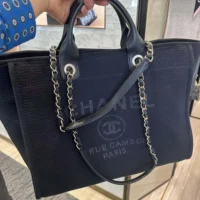 Chanel Women Deanville Shopping Bag Mummy Bag in Canvas and Leather-Navy (1)