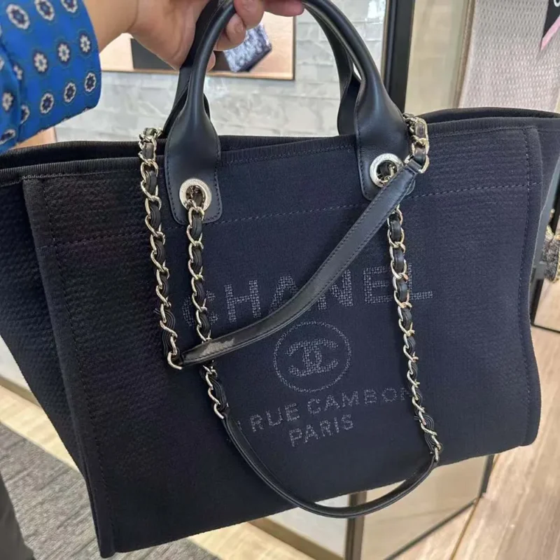 Chanel Women Deanville Shopping Bag Mummy Bag in Canvas and Leather-Navy