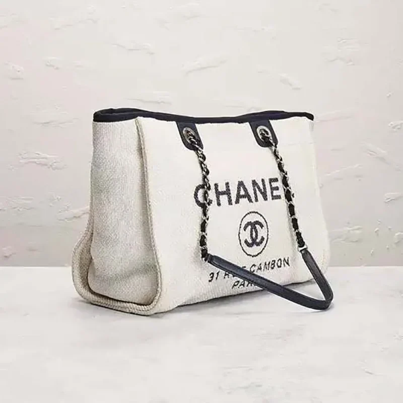 Chanel Women Deanville Shopping Bag Mummy Bag in Canvas and Leather-White