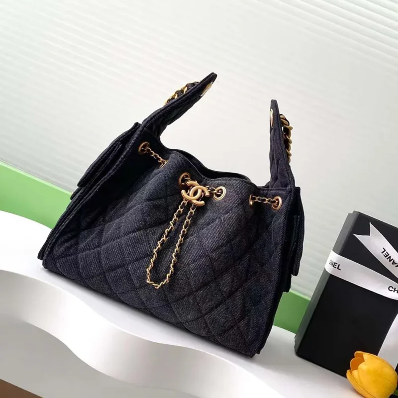 Chanel Women 25 Small Handbag Washed Denim Gold Tone Metal