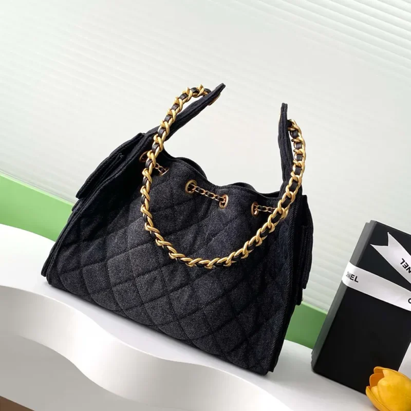 Chanel Women 25 Small Handbag Washed Denim Gold Tone Metal