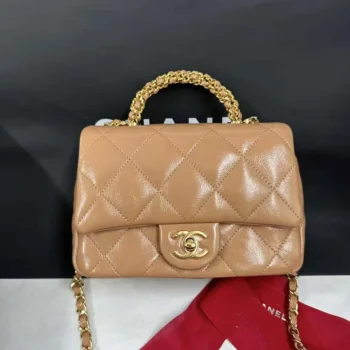 Chanel Women CC Mini Flap Bag Top Handle Lambskin Resin Brown