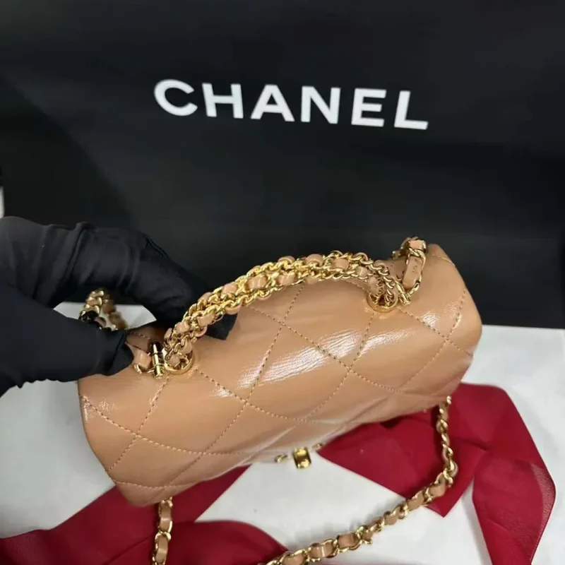 Chanel Women CC Mini Flap Bag Top Handle Lambskin Resin Brown