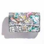 Borsa a mano Chanel da donna Classic 11.12 in raso ricamato con paillettes, perle di vetro e metallo color argento