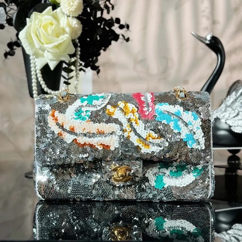 Chanel Women Classic 11.12 Handbag Embroidered Satin Sequins Glass Pearls Silver Tone Metal