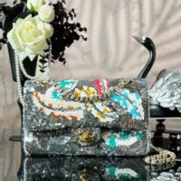 Chanel Women Classic 11.12 Handbag Embroidered Satin Sequins Glass Pearls Silver Tone Metal (1)