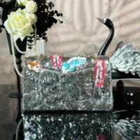 Chanel Women Classic 11.12 Handbag Embroidered Satin Sequins Glass Pearls Silver Tone Metal (1)