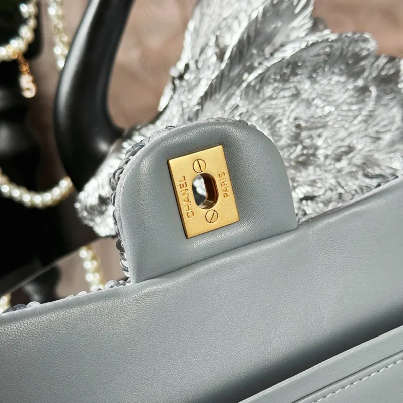Chanel Women Classic 11.12 Handbag Embroidered Satin Sequins Glass Pearls Silver Tone Metal