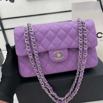 Chanel Women Classic 11.12 Handbag Grained Shiny Calfskin Silver-Tone Metal-Purple