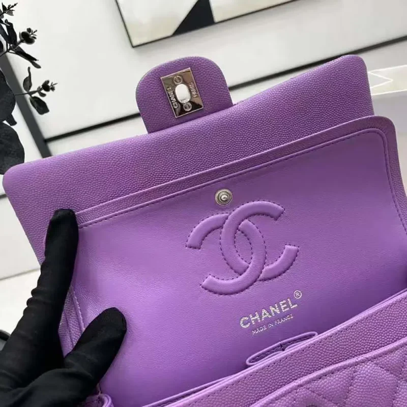 Chanel Women Classic 11.12 Handbag Grained Shiny Calfskin Silver-Tone Metal-Purple