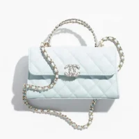 Chanel Women Flap Phone Holder with Chain Grained Shiny Calfskin Gold Tone Metal