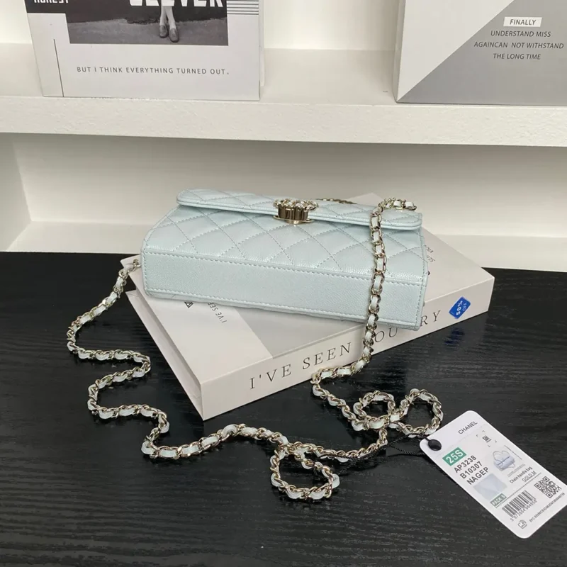 Chanel Women Flap Phone Holder with Chain Grained Shiny Calfskin Gold Tone Metal