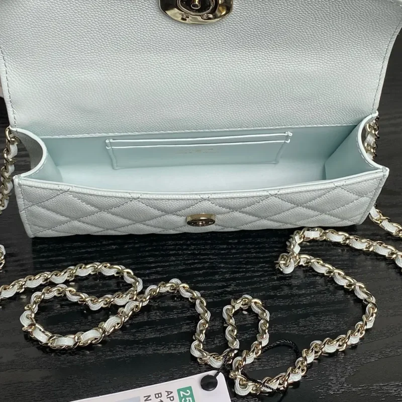 Chanel Women Flap Phone Holder with Chain Grained Shiny Calfskin Gold Tone Metal