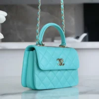Chanel Women Mini Flap Bag with Top Handle Lambskin-Light Blue (1)